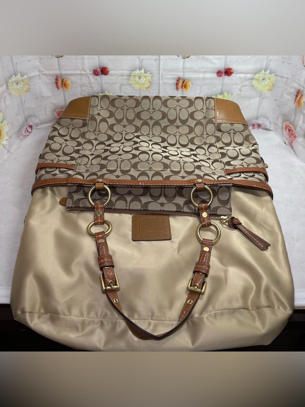 2007 Coach Brass Turnlock Buckle Straps Signature Canvas Camel Leather 15x11x4 - Picture 14 of 15